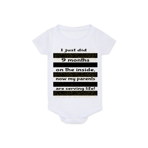 White baby onesie with black text on a white background