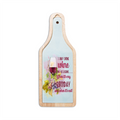 Wooden paddle with a wine-themed design and text on a white background