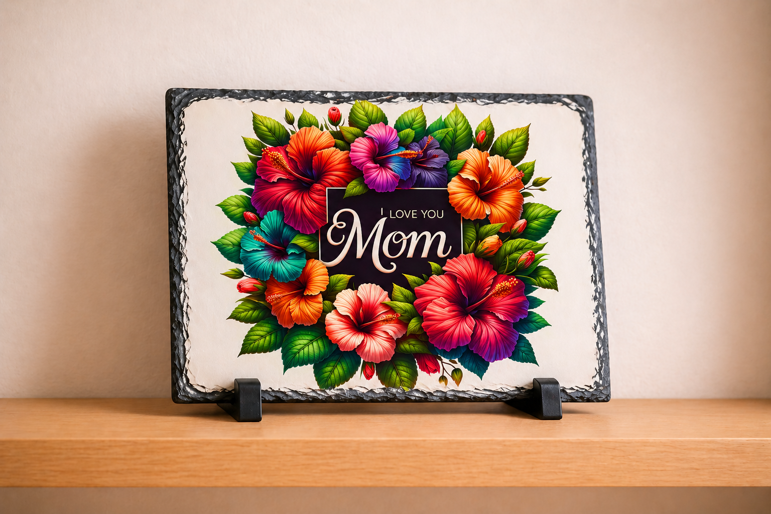 Decorative plaque with colorful flowers and 'I Love You Mom' text on a wooden surface.