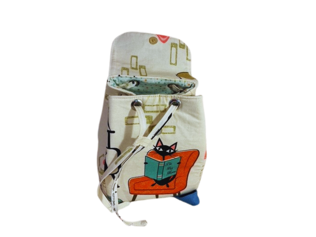 Fabric pouch with cat design on a white background
