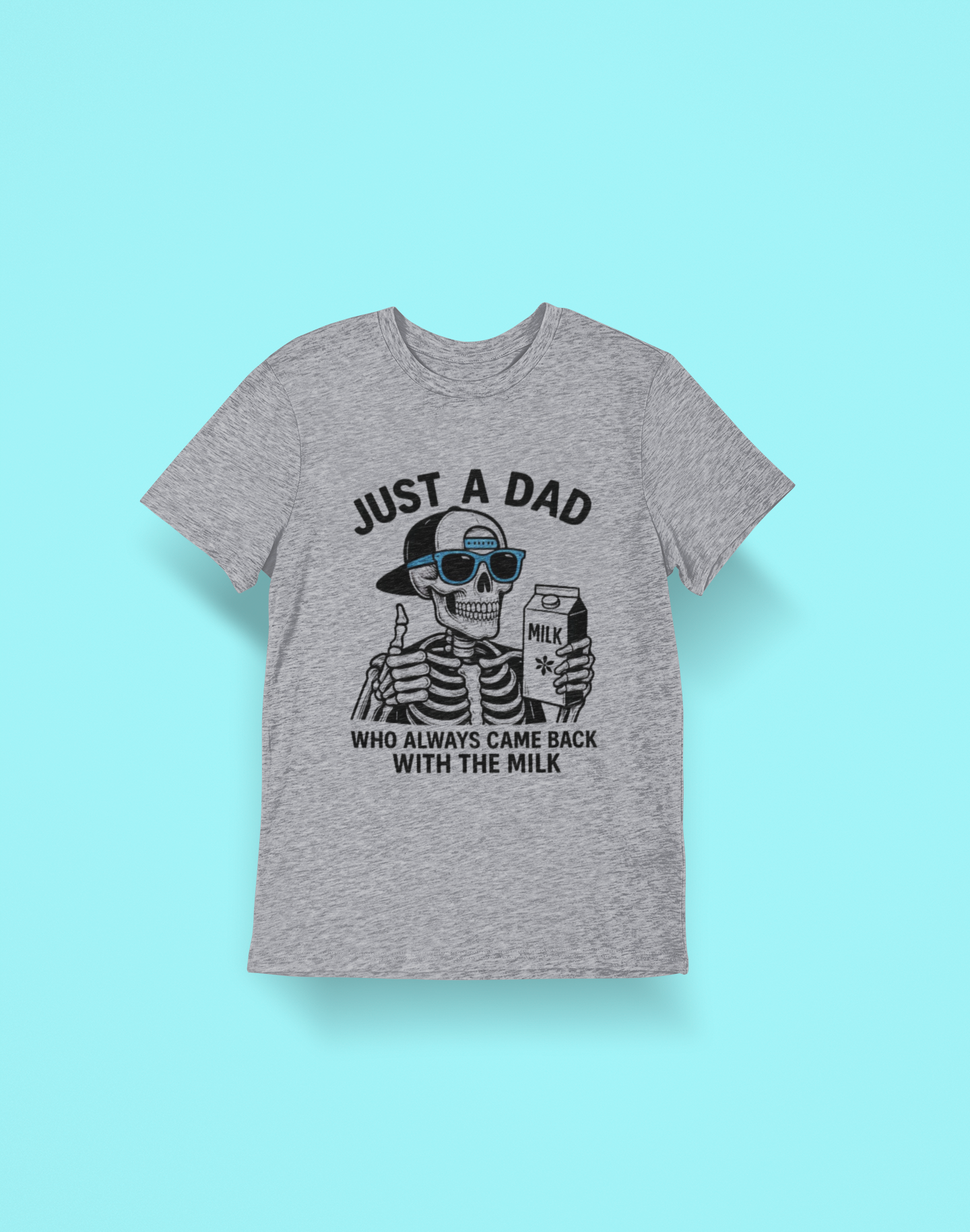 Gray t-shirt with a graphic design on a light blue background