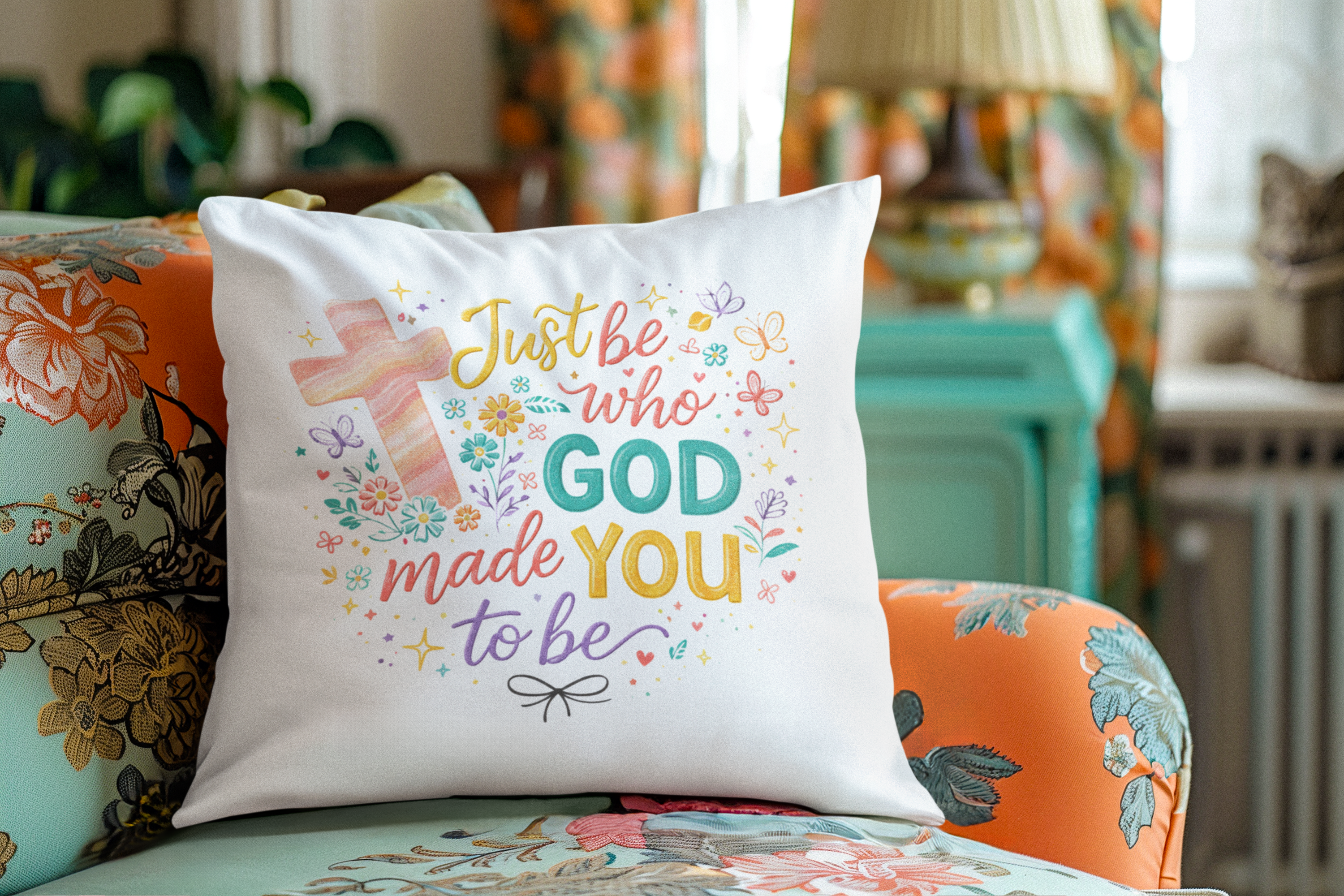 Decorative pillow with inspirational quote on a floral couch