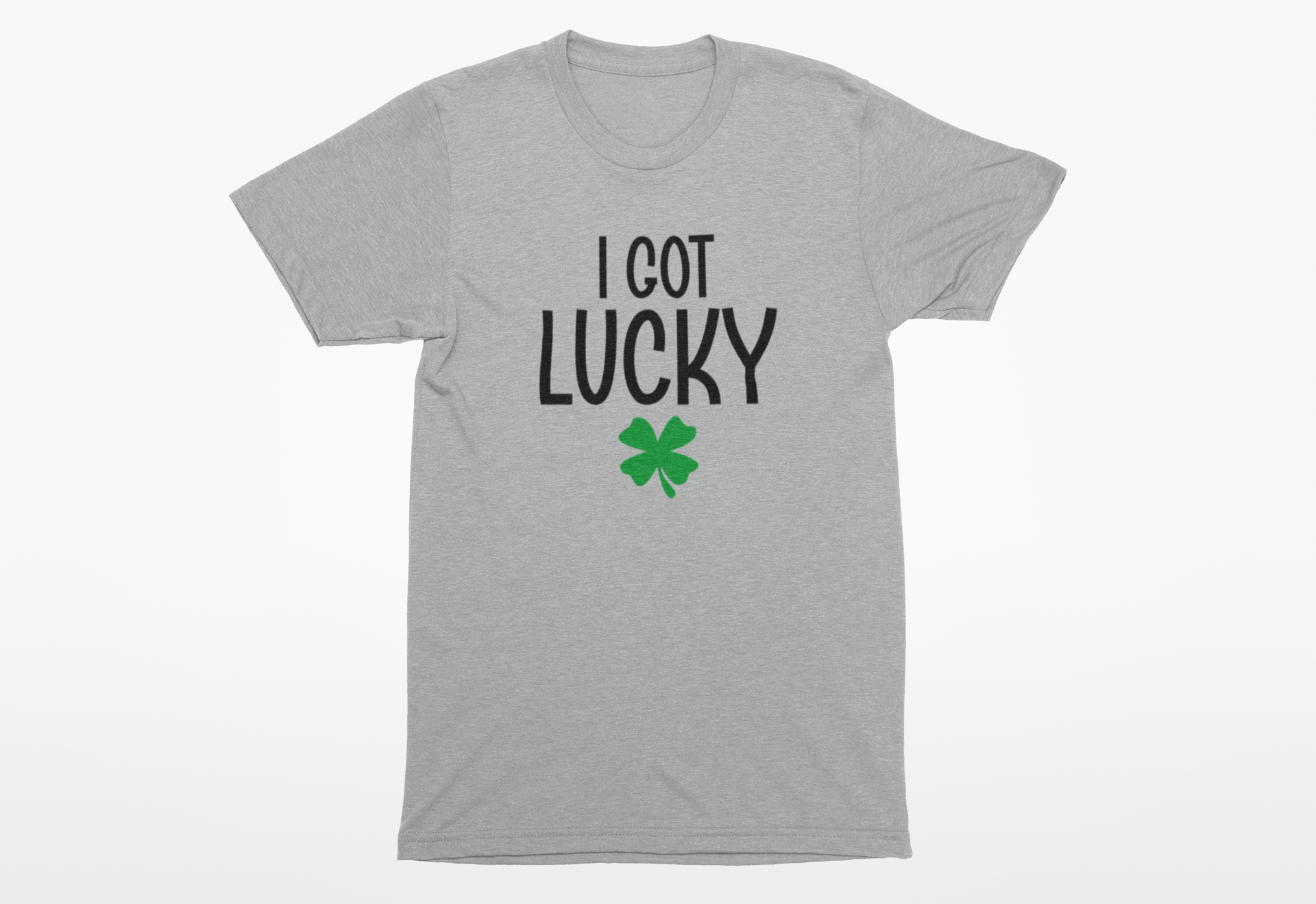 Gray t-shirt with gray 'I Got Lucky' text and four-leaf clover graphic on a white background