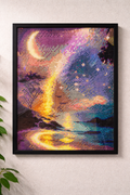 Framed artwork of a celestial scene with a crescent moon and starry sky on a light gray wall.