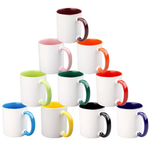 Set of 10 white mugs with colorful handles on a white background