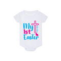 White baby onesie with 'My 1st Easter' text and graphics on a white background