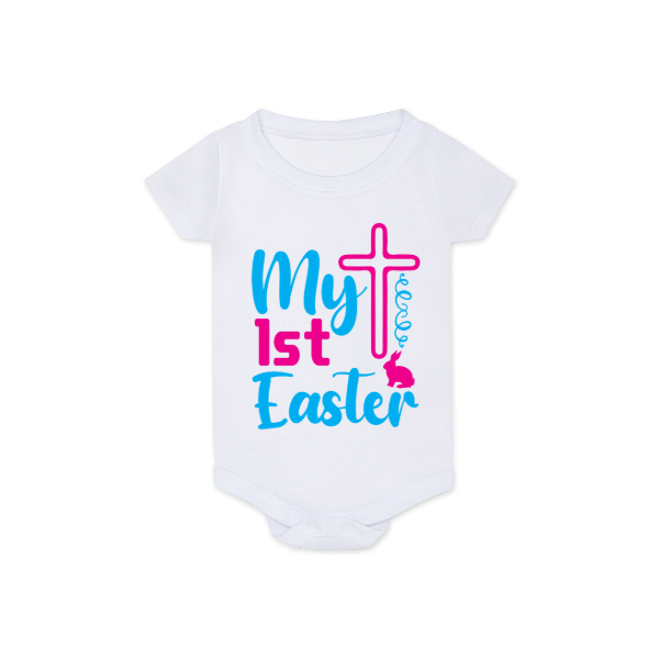 White baby onesie with 'My 1st Easter' text and graphics on a white background