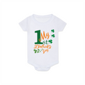 White baby onesie with 'My 1st St. Patrick's Day' text and shamrock design on a white background