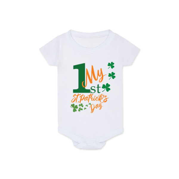 White baby onesie with 'My 1st St. Patrick's Day' text and shamrock design on a white background