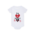 White baby onesie with 'My 1st Valentine's Day' text and heart graphics on a white background