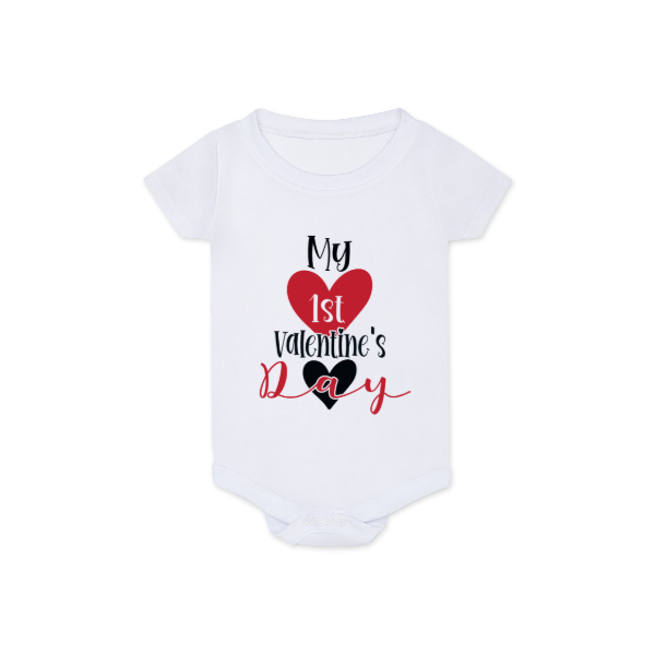 White baby onesie with 'My 1st Valentine's Day' text and heart graphics on a white background