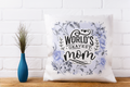 Decorative pillow with 'World's Okayest Mom' text on a white brick wall background