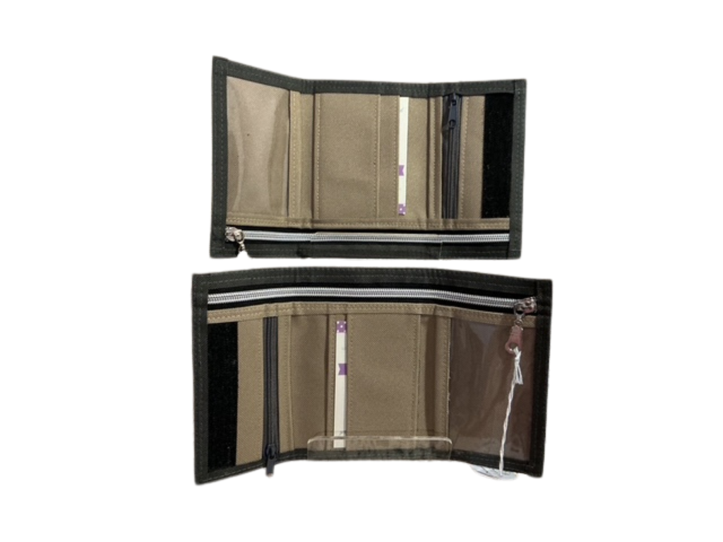 Two transparent trifold wallets with black edges on a white background