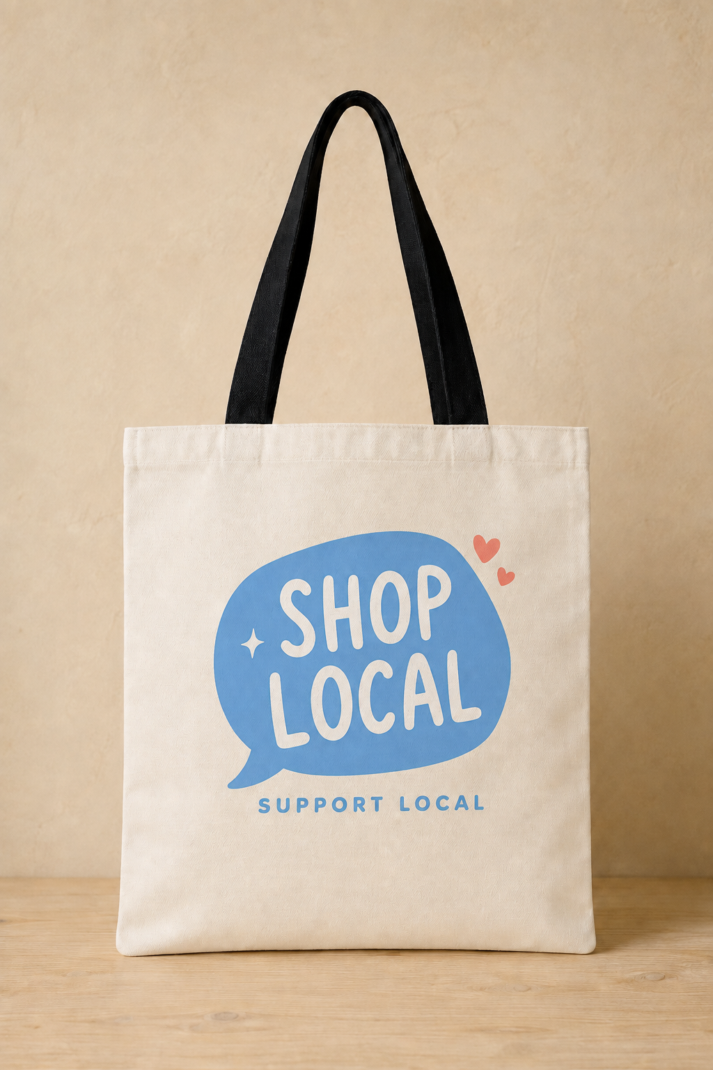 An off-white canvas tote bag with black shoulder straps, featuring a blue speech bubble graphic with the words 'SHOP LOCAL' and smaller 'SUPPORT LOCAL' text below, set against a warm beige background.