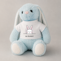 A light blue plush bunny toy with long floppy ears, a pink nose, and white paw pads, wearing a white T-shirt printed with a cartoon bunny peeking over a line and the text 'SO BUNNY'.