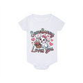 White baby onesie with a bunny graphic and text on a white background