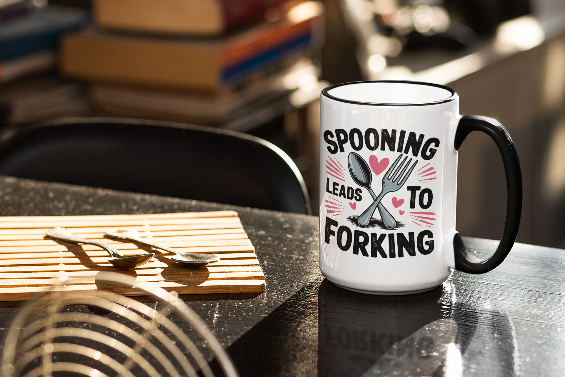 15 oz coffee mug with colored handle and interior that says "Spooning Leads to Forking"