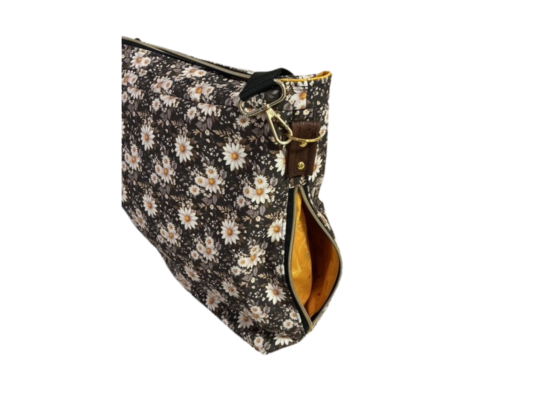 Floral patterned bag with a gold zipper on a white background