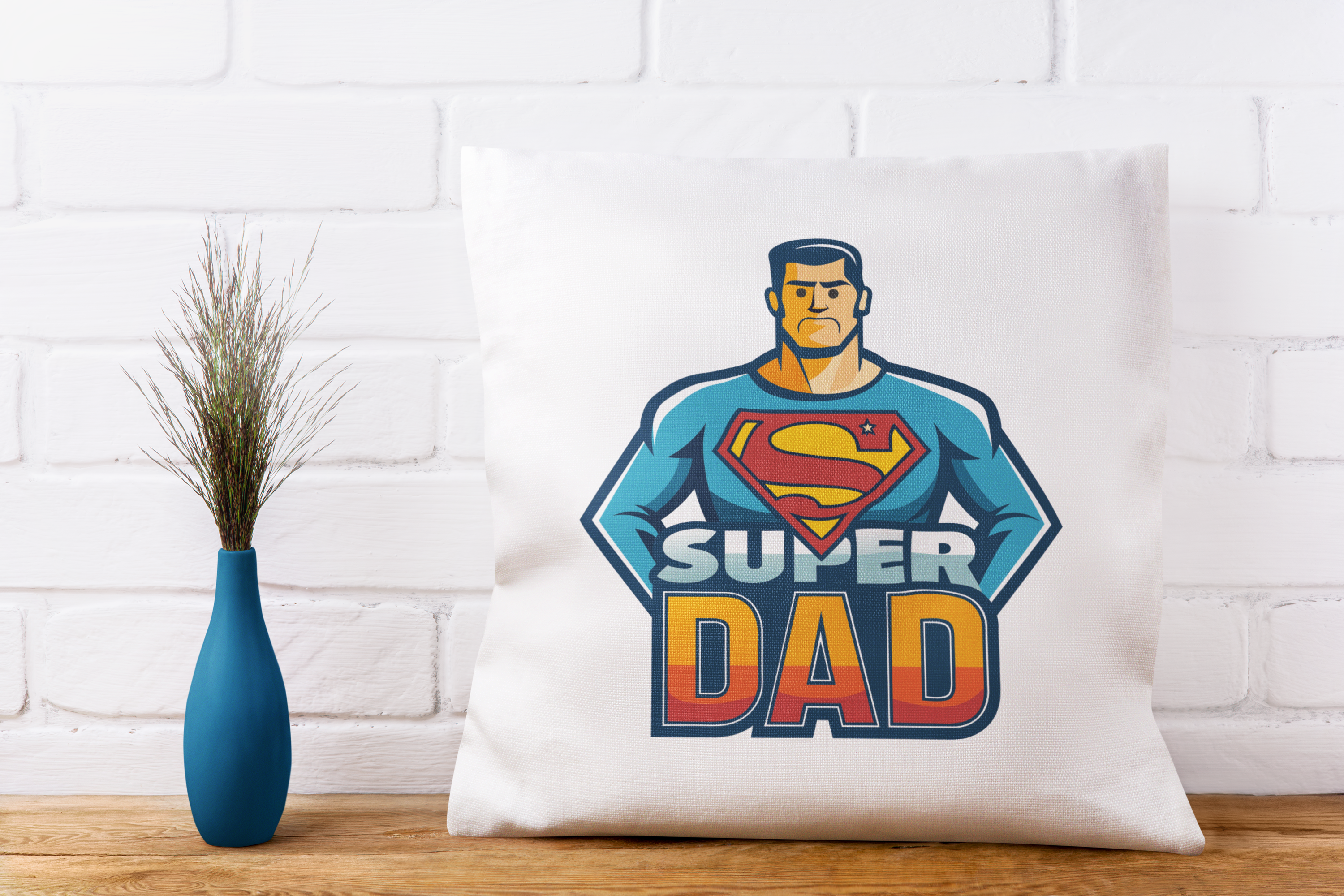 Pillow with 'Super Dad' design on a white brick wall background