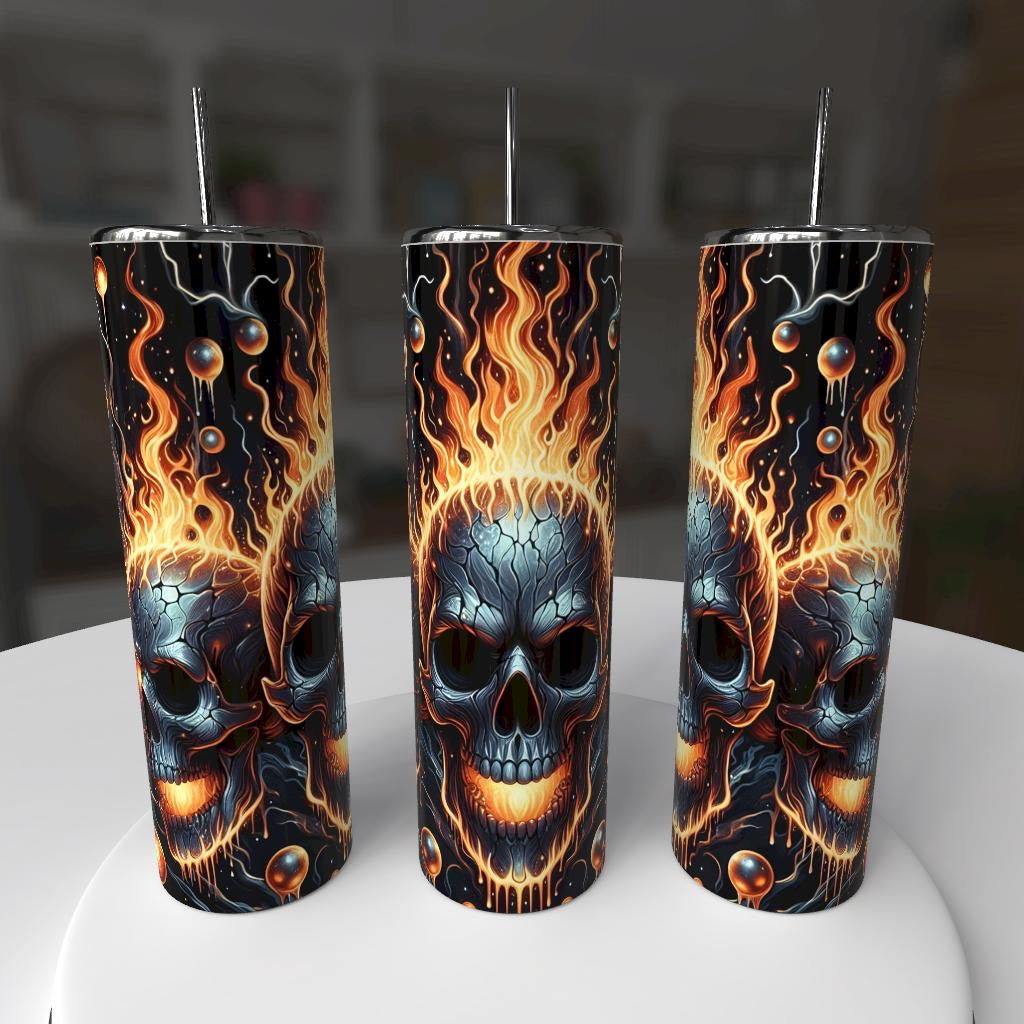 0 oz tumbler featuring graphic of three flaming skulls with flames
