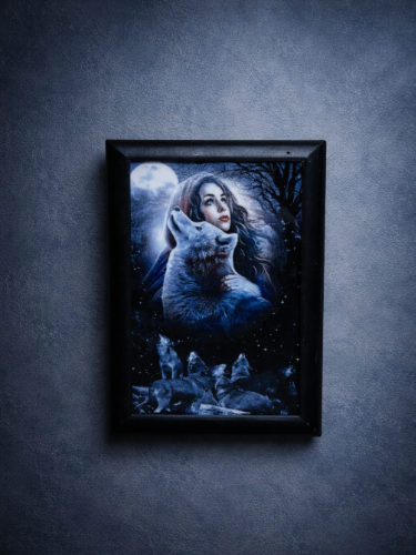 Framed artwork of a woman and a wolf in a snowy landscape on a dark blue textured wall.